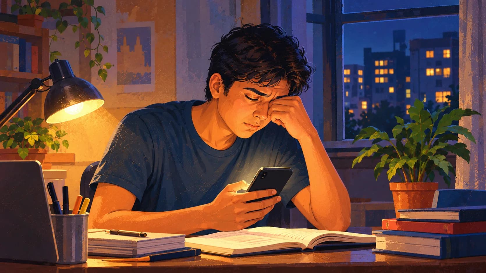 Illustration: A young person working on a phone late in the evening