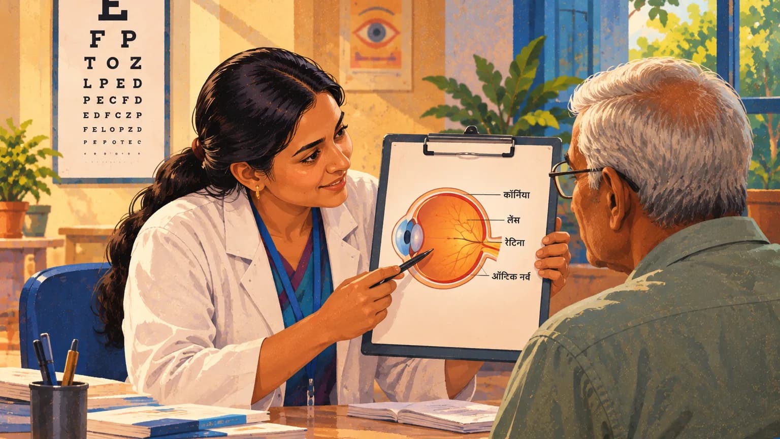Illustration: An eye-care worker explaining screening results