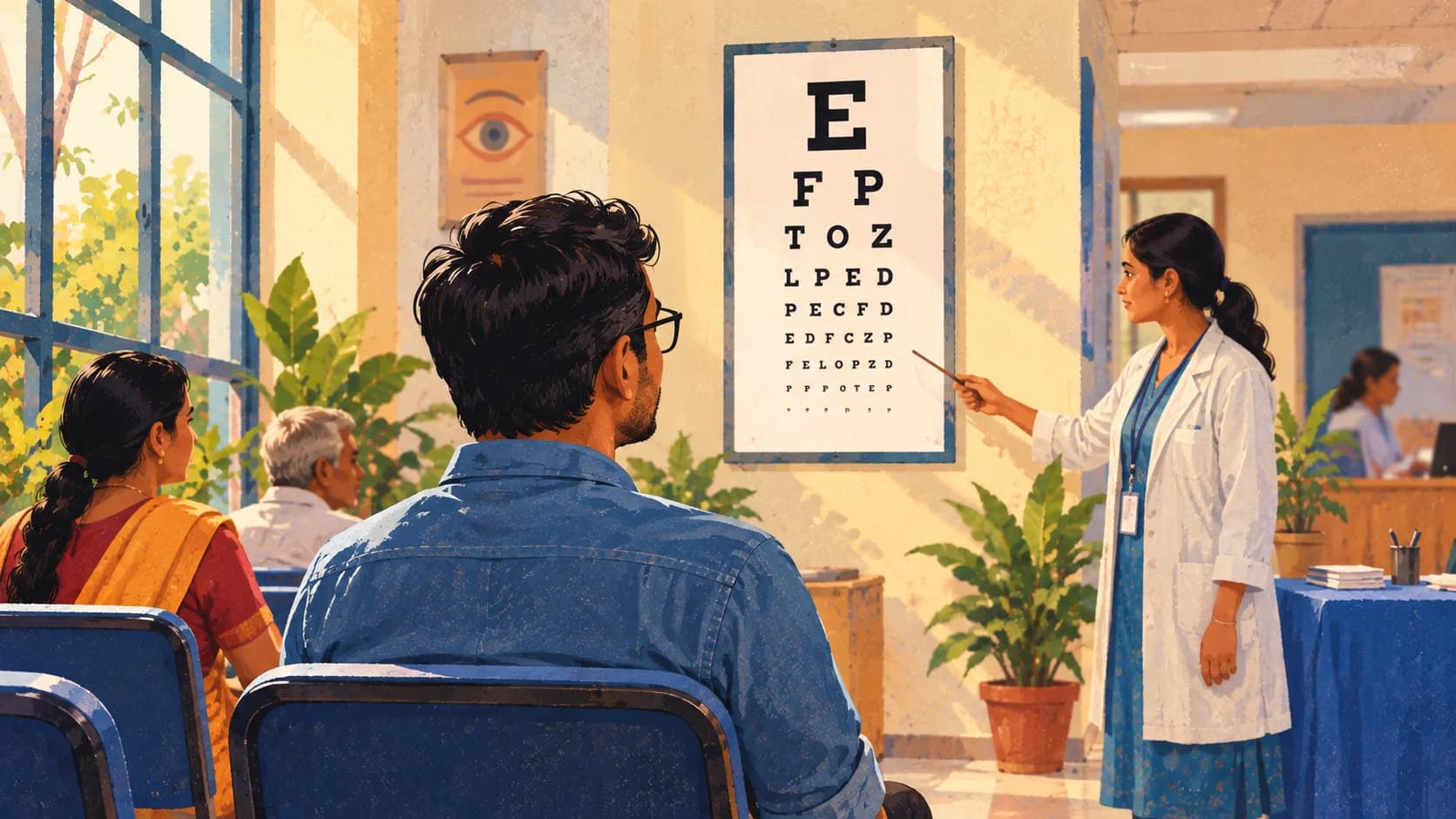 Illustration: A person reading an eye chart during a check-up