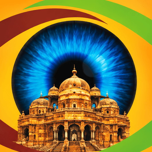 Detail of the Delhi Drishti logo: a blue iris with a monument at its centre