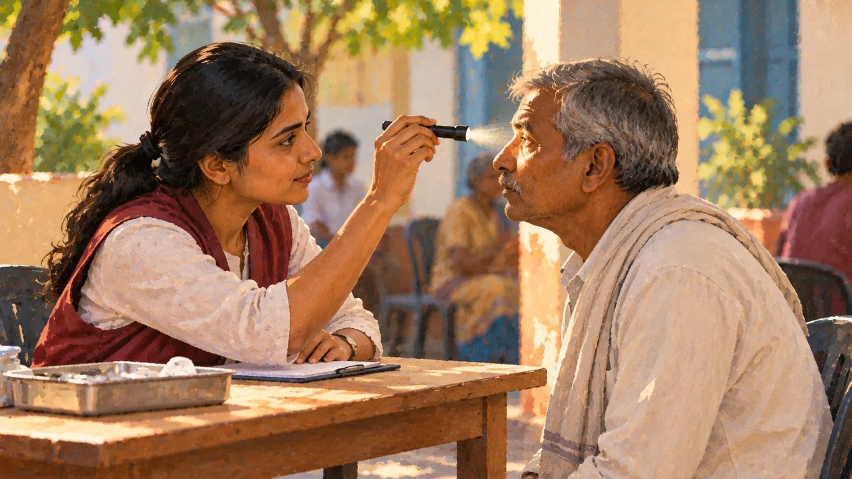 A volunteer checks an elderly person's vision at a community eye camp in Delhi
