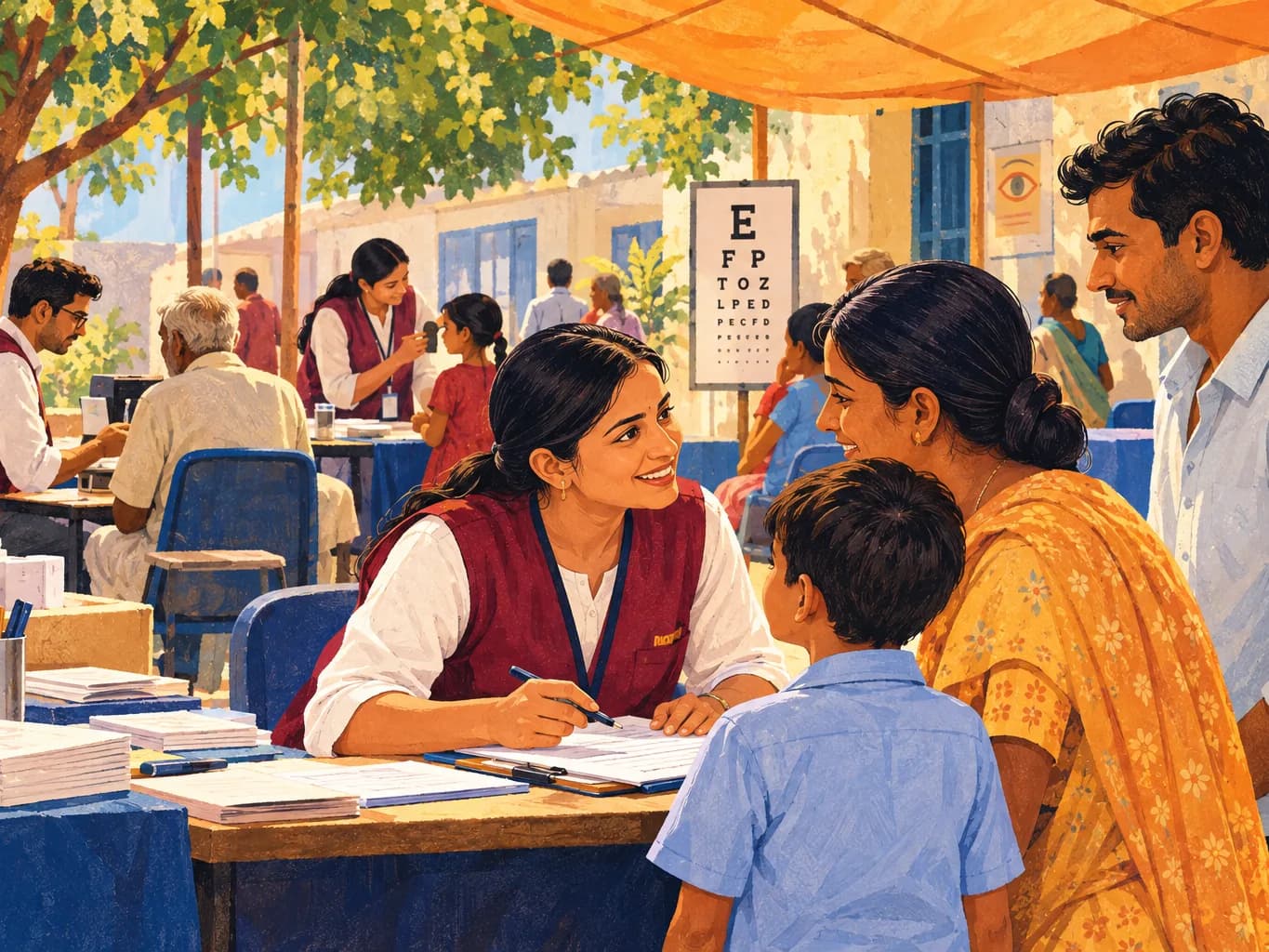 Illustration: Volunteers at a camp help desk