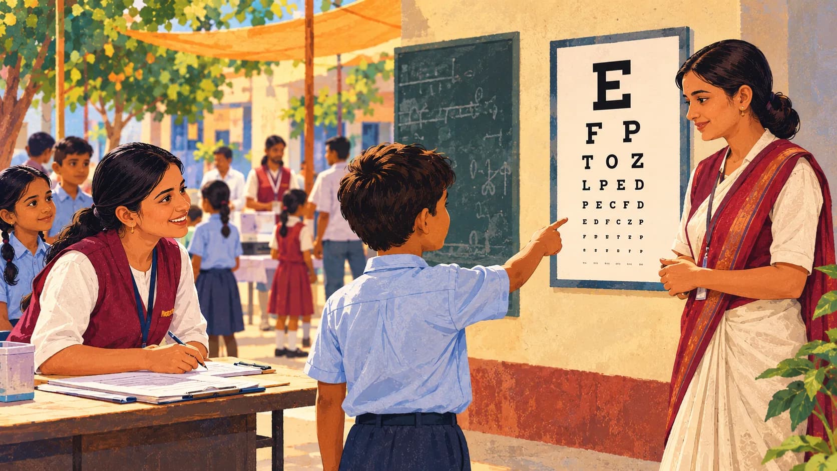 A child reading letters on a vision chart