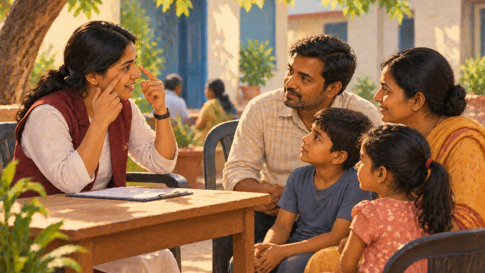 Illustration: A volunteer explaining eye care to a family