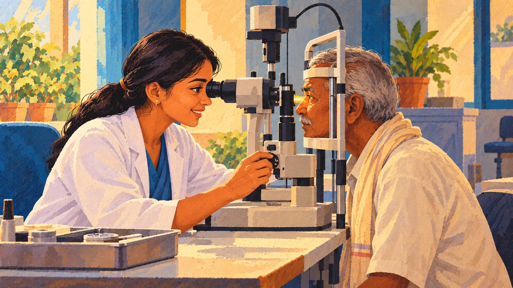 Illustration: An eye-care professional examining a patient